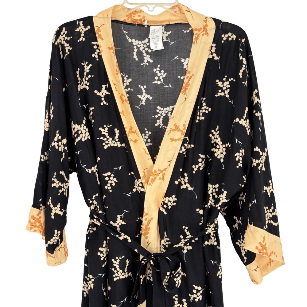 Gottex Beach Life Black Floral Kimono Open Front Robe Swim Cover Longline Resort